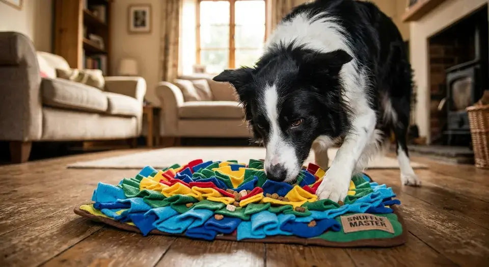 Border collie jouant tapis olfactif