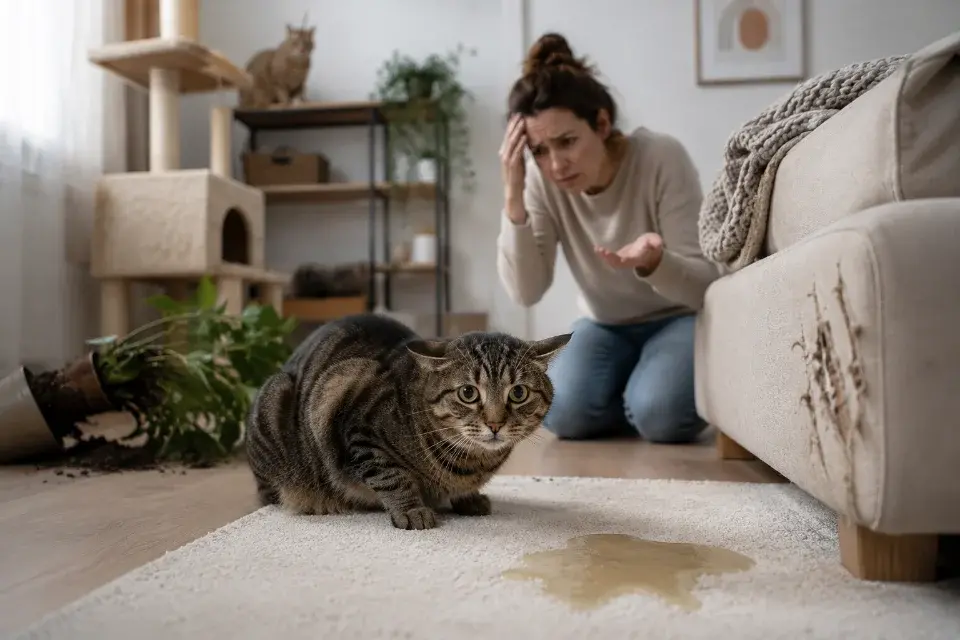 Chat faisant pipi hors litière dans un salon
