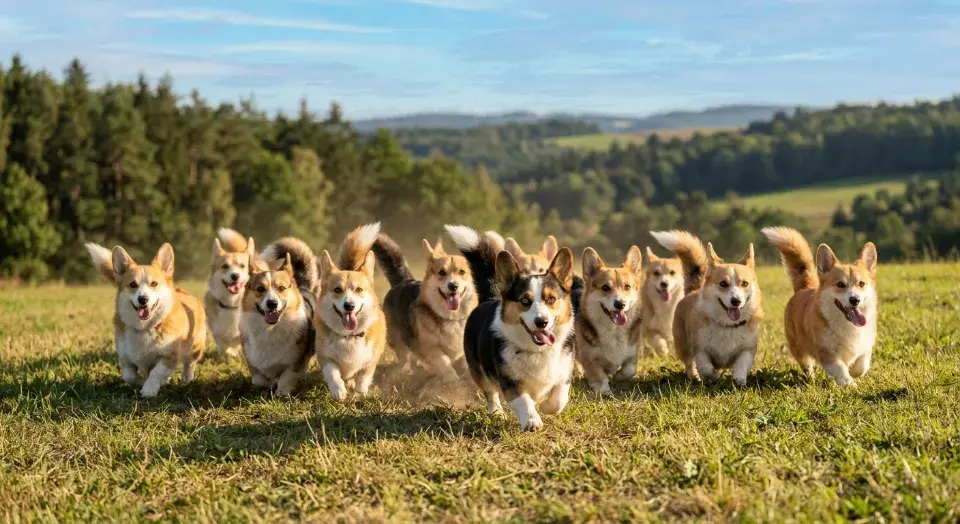 Meute corgis en course
